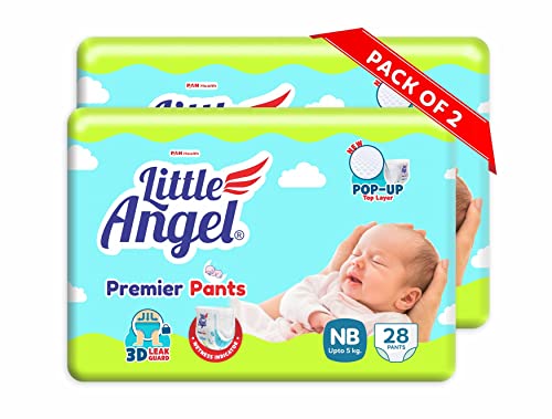 Image of Little Angel Premier Pants Baby Diaper, New Born (NB /XS) Size, 56 Count, Cottony Soft Material, Wetness Indicator, Breathable Layer, Stretchable Sides, up to 5 kgs (28 count /pack, Pack of 2)