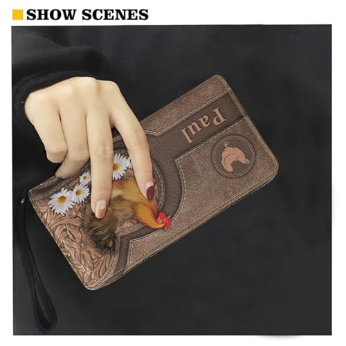 Image of Bulopur Custom Name Wallet for Women Daisy Chicken Wristlet Wallet Large Capacity PU Leather Zip Around Wallet Clutch Purse for Cash /Card /Coin /Smart Phone Envelope Long Wallets Travel Passport Holder