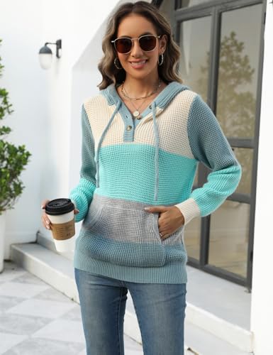 Image of CiCiBird Women's Fall Hoodies Sweater V Neck Waffle Knit Top with Pocket | Loose Fit, V Neck Button, Adjustable Drawstring, Long Sleeve, Kangaroo Pocket, Weekend Errands, Daily Wear, Work Casual