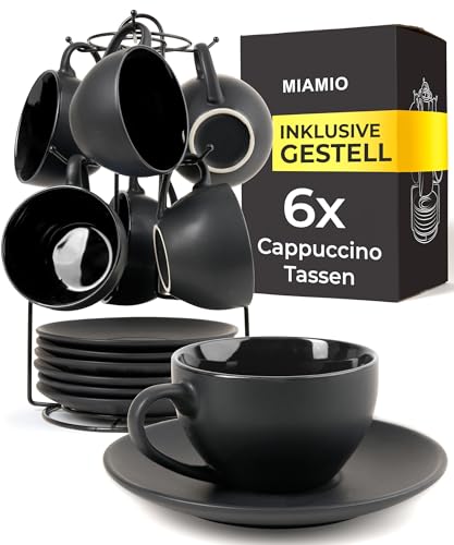 MIAMIO - 6 x 175 ml Tasse Cappuccino Tassen mit Unterteller & Ständer/Cappuccinotassen Set - Le Papillon Kollektion (Schwarz)