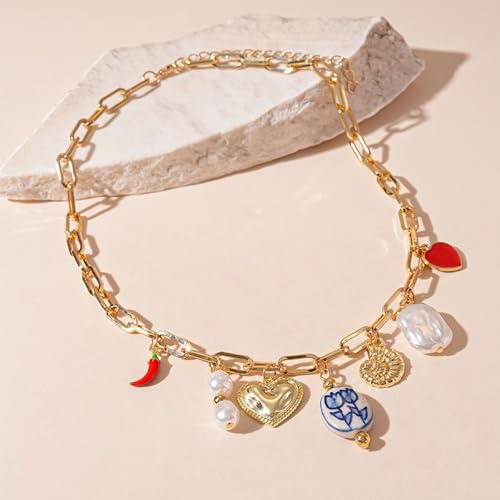 Gold Charm Necklace for Women Summer Charm Necklace Trendy Heart Pearl Flower Conch Pepper Pendant Necklace Paper Clip Choker Necklace Beach Jewelry Gifts4