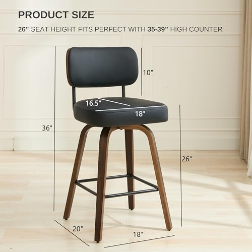 Image of Swivel Bar Stools Set of 3, 26 inch Upholstered Counter Height Bar Stools with Back and Walnut Wood Legs, Faux Leather Barstools for Kitchen Counter, Black