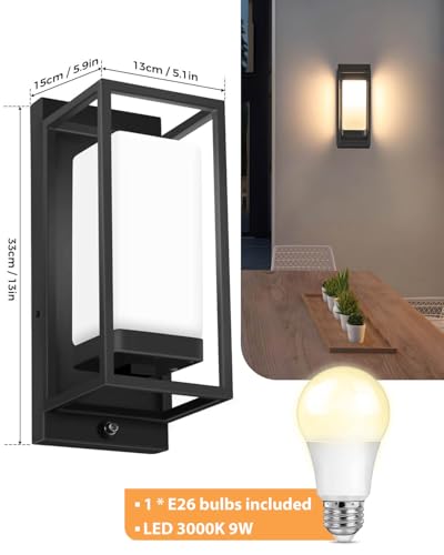 Image of SHIMR Outdoor Wall Light with Dusk to Dawn Sensor, Black Outdoor Light Fixture with LED Bulb Included, E26 Base, Waterproof Exterior Sconce for Porch Garage Front Door