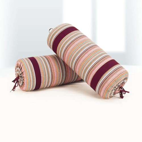 Image of AURAVE Woven Cotton 144 TC Bolster Cover with Drawstring Closure, Set of 2, Soft Breathable Durable Machine Washable for Sofa Bed & Home Decor, 15 inchx30 inch, Burgundy | Cover Only