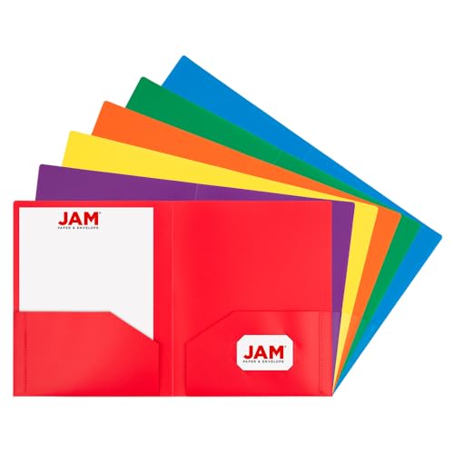 JAM PAPER Heavy Duty Plastic 2 Pocket Extra Tough School Folders - Assorted Primary Colors - 6/Pack