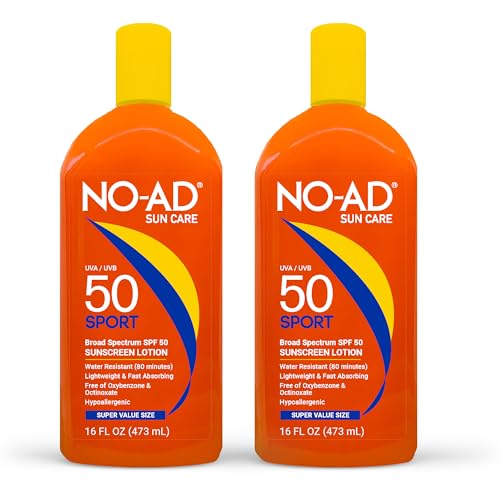 NO-AD SPF 50 SPORT Sunscreen Lotion | Hypoallergenic | Broad Spectrum UVA/UVB Protection | Water Resistant | Octinoxate & Oxybenzone Free with moisturizing Vitamin E and Aloe 16oz | Pack of 2