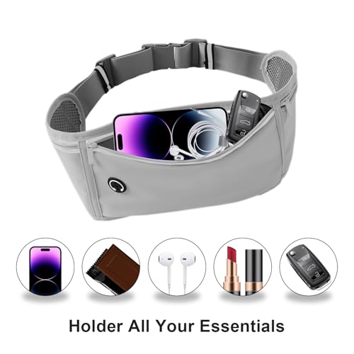 Image of Slim Running Belt for Women Men, Runners Fanny Pack Phone Holder, Money Belt, Running Gear Accessories, with 3 Pockets, Light Gray