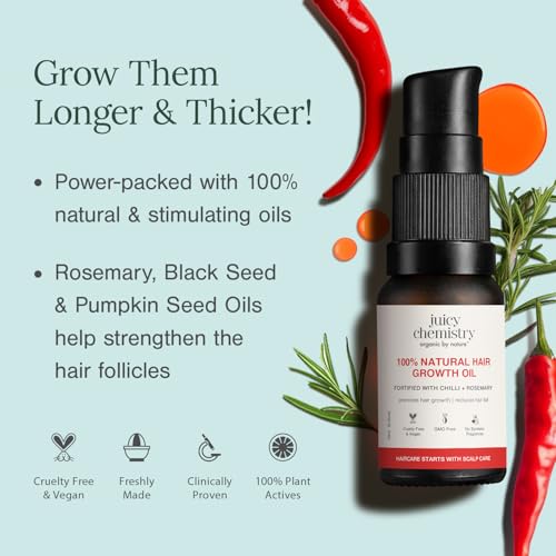 Image of Juicy Chemistry 100% Natural Chilli + Rosemary Hair Growth Oil, 10ml | Promotes Hair Growth | Strengthens & Reduces Hair Fall | Revitalises Scalp & Hair | Improves Hair Texture | Restores Shine | Clinically Proven