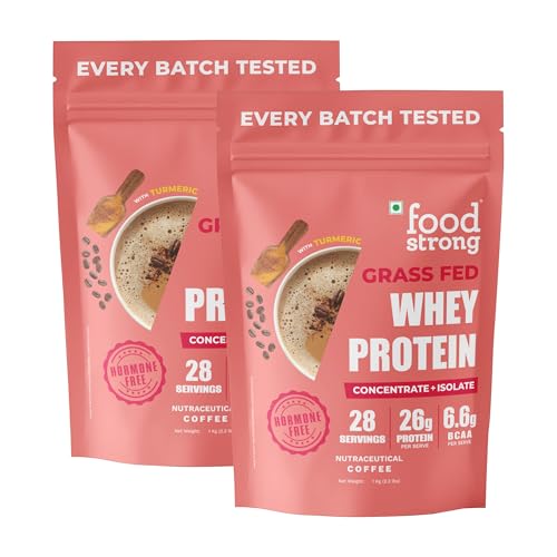 Image of Foodstrong Whey Protein Powder (Concentrate + Isolate), 100% Hormone Free Grass-Fed Whey, 24G Protein & 6.6G BCAA, Coffee, With Turmeric & Digestive Enzymes, 1KG (Pack of 2)