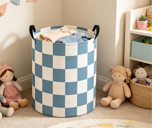 Image of Baby Laundry Basket Baby Nursery Hamper Kids Laundry Basket Toy Storage Bin for Boys Room Decor Gift Baskets for Bedroom Bathroom(Blue Checkered)
