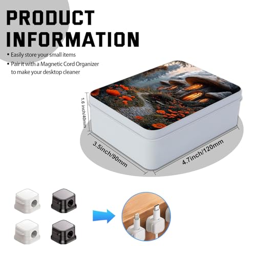 Image of Metal Tin Box with Lid,Multi-functional Storage Box Can Store Tea Biscuits Game Cards, Playing & Tarot Cards-Comes with 4 Magnetic Cord Clips,Mushroom Houses in Forest