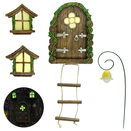 Fairy Door and Windows Garden Kit Accessories Outdoor Glow in Dark Gnome House for Tree Lawn Yard Art Sculpture Miniature Garden Decor (Ladder)