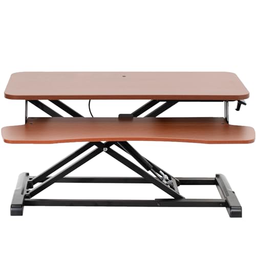 Image of VIVO 32 inch Desk Converter, K Series, Height Adjustable Sit to Stand Riser, Dual Monitor and Laptop Workstation with Wide Keyboard Tray, Dark Walnut Top, Black Frame, DESK-V000KA | Height Adjustable, Stand Up Desk Riser, Wide Keyboard Tray, Dual Monitor and Laptop Workstation, Black Frame, K Series