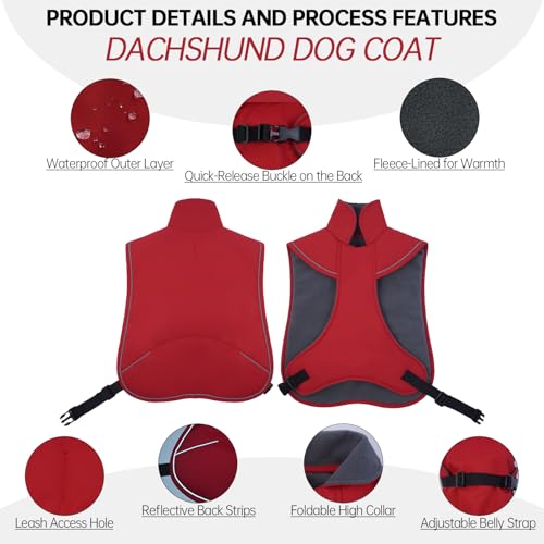 Hjyokuso Hundemantel Dackel, Winddichter Wasserdichter Wintermantel Für Dackel Hunde, Hundejacke Für Große Hunde, Hundemantel Winter Mit Bauchschutz Und Leinenloch, Winterjacken Für Hunde - Rot