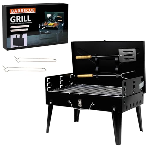 Crystals Portable Charcoal BBQ Grill – Compact Folding Stainless Steel Grill with Tool Set, Mini Travel BBQ for Camping, Garden, Picnic, and Outdoor Cooking – Lightweight and Durable – Black