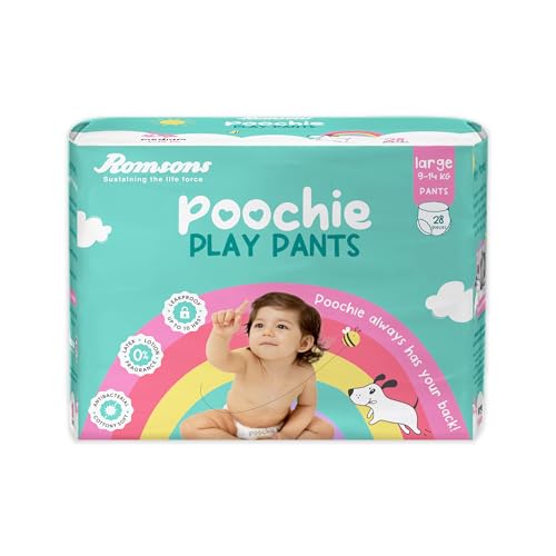 Image of Romsons Poochie Play Pants Baby Diapers - L (28 Pieces) | Suitable for 9-11 KG | 360 Comfort Fit and Leakproof Upto 10 Hrs.