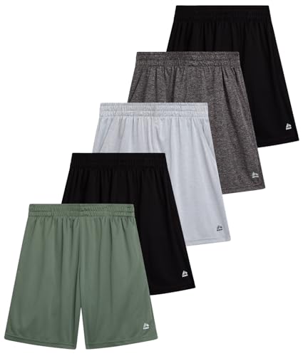 RBX Boys' Active Shorts - 5 Pack Sports Performance Mesh Gym Shorts with Elastic Waistband and Heat Seal Logo (Sizes: 8-16)