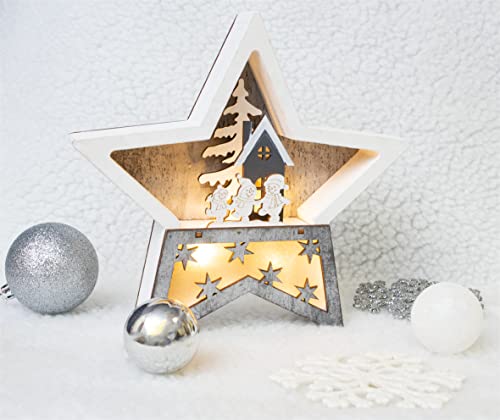 Image of St Helens Home & Garden Battery Powered Wooden Light Up Christmas Star with Internal Wire LEDs - create a cosy, festive glow