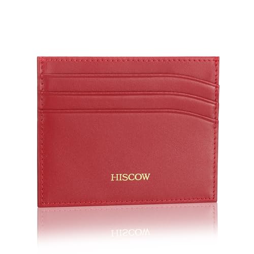 Image of HISCOW Slim Full Grain Leather Card Holder, Wine Red | Men's minimalist EDC wallet, front pocket carry, 6 credit card slots & center pocket, fits folded bills, premium gift box