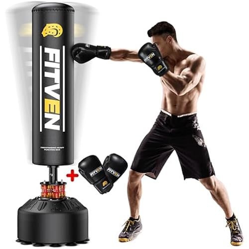 FITVEN 70'' Freestanding Punching Bag with Boxing Gloves, Heavy Boxing Bag with Suction Cup Base, Stand Kickboxing Bag for Adult-Teens Family Home Gym Training Equipment