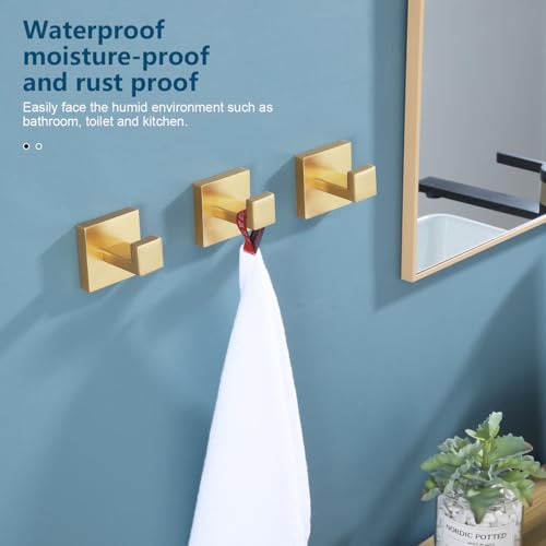 Image of KOKOSIRI Bath Robe Hook Wall Mount Square Towel Hook Coat Hook Bathroom Kitchen Garage Heavy Duty SUS 304 Stainless Steel 3 Pack Brushed Gold B1010BG-P3
