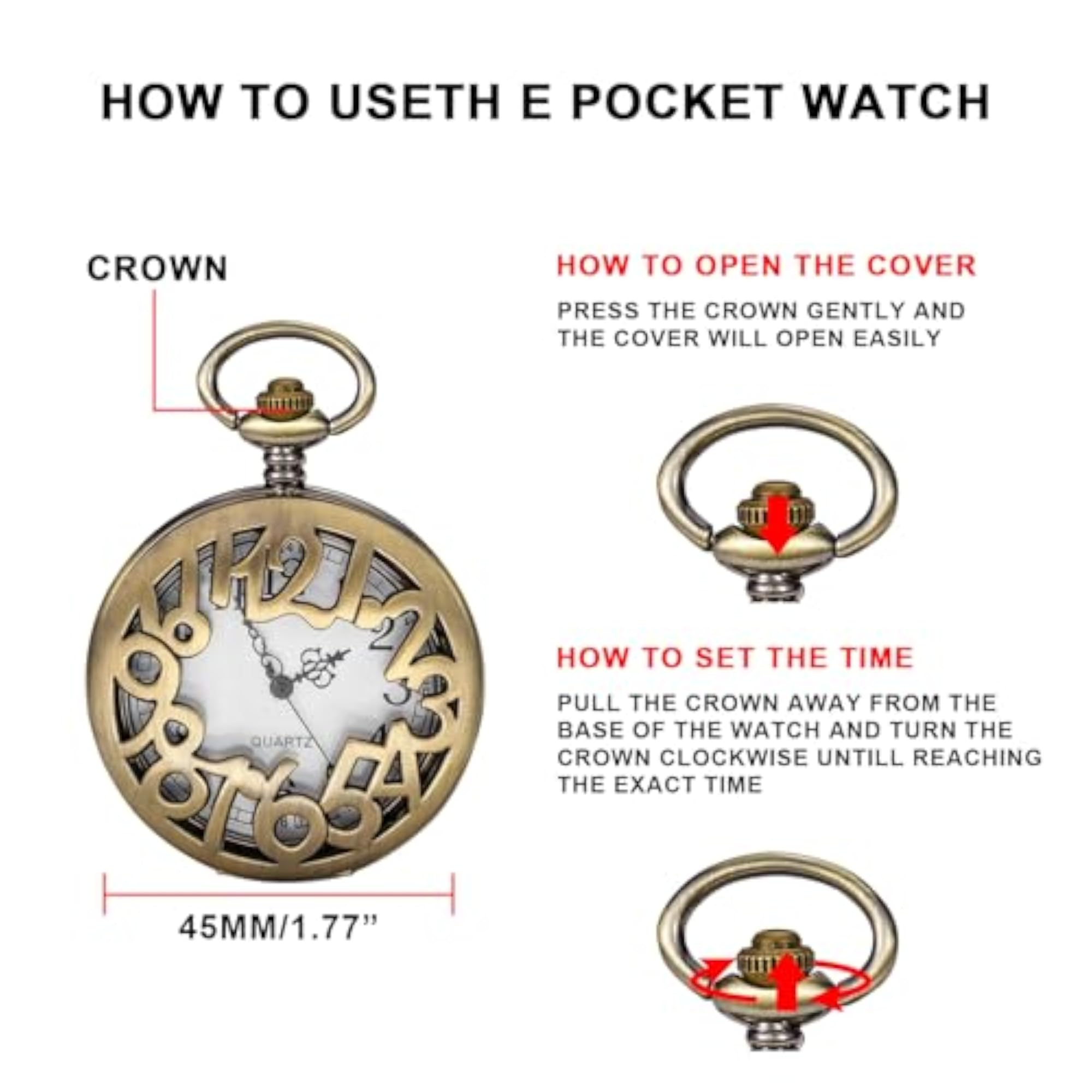 Bronze Hollowed-Out Number Ring Quartz Pocket Watch