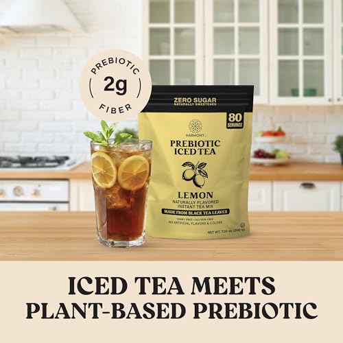 Image of Harmony Lemon Prebiotic Black Iced Tea, 7.05 oz Bag, 80 Servings | Real black tea, Bright lemon flavor, 80 servings per bag, Prebiotic plant fiber, 25 calories, Zero sugar, Gluten free