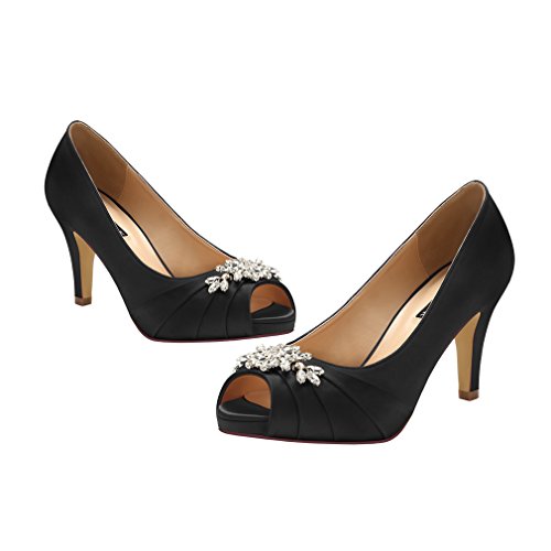 ERIJUNOR Peep Toe Mid Heels for Woman Rhinestones Satin Evening Prom Wedding Shoes - Image 4