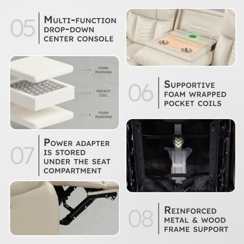 Image of Lexicon Power Double Reclining Sofa, Center Drop Down Table, Beige | Faux Leather Home Theater Seating with LED Lighting /USB Charging Ports /Wireless Charger /Cup Holders, Magazine Pocket
