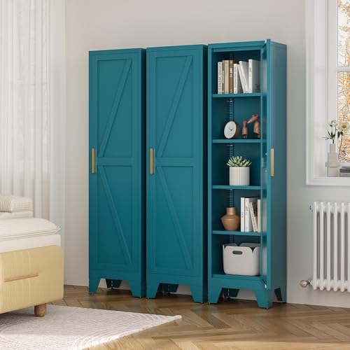 Image of LCAOPC 67 inch Tall Narrow Bathroom Metal Storage Cabinet with 4 Adjustable Shelves, Freestanding 5 Tier Slim Pantry Storage Cabinet for Small Space, Peacock