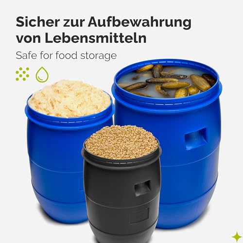 Garronda 60 Liter Deckelfass Weithalsfass aus HDPE Regenfass für Garten Fass 60l Wassertonne Futtertonne Wasserbehälter Universalfass Wasserfass Lebensmittelfass Wassertank GD-0078, Schwarz
