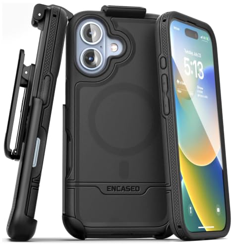 Encased Belt Case for iPhone 16 with Holster Clip, (Compatible with MagSafe) Rugged Hybrid Phone Cover, Built-in Magnetic Ring (Rebel Series)