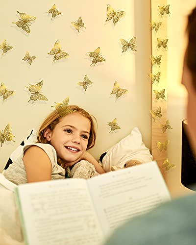 iinuu Gold Butterfly Wall Decor Stickers, 60pcs Golden Butterfly Birthday Party Decorations Butterfly Cake Decorations for Baby Shower Bday Wedding Christmas 3D Paper Butterflies Girls Bedroom Decor