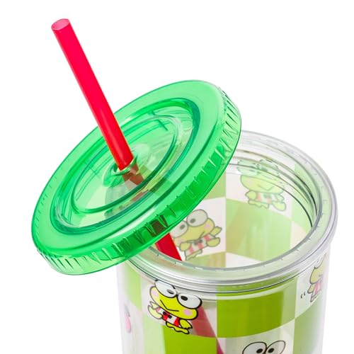 Image of Silver Buffalo Sanrio Hello Kitty and Friends Keroppi Green Checkered Plastic Cold Cup with Lid and Straw, 20 Ounces | Hello Kitty and Friends, Checkered Pattern, Includes Lid and Straw, 0.59 Liters