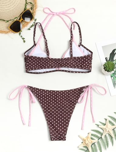 Image of ZAFUL Women's Polka Dot Bikini Set Double Layer Halter Swimsuit Colorblock Side Tie 2 Piece Bathing Suit