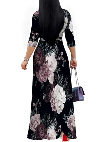 Image of PinkPatty Women's Plus Size Maxi Dresses Casual Flowy 3 /4 Sleeves Dress Printed Vacation Dress for Daily Wear with Belt