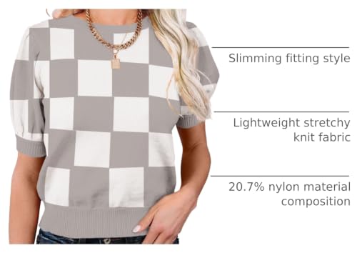 Image of Womens Puff Short Sleeve Sweater Tops Crewneck Basic Knit Pullover Lightweight Casual Sweaters