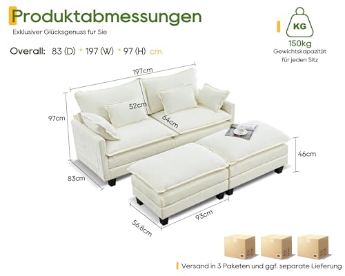 SITURAY Doppellagige Ecksofa Modulares Sofa, Wohnlandschaft L-Form Cloud Couch mit Ottomane, Chenillestoff Eckcouch Corner Sofa mit Schlaffunktion für Wohnzimmer Schlafzimmer (Beige, 2 Sitzer) – Bild 3