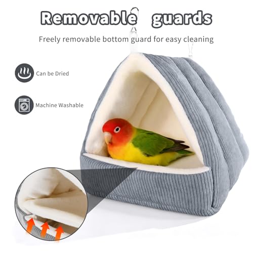 Image of Small Winter Warm Bird Bed for Cage with Soft Plush Hanging Hammock & Hut Tent, Hideaway Sleeping Nest for Budgies, Cockatiels, Small Animals, and Guinea Pig Hideouts (Grey, S)