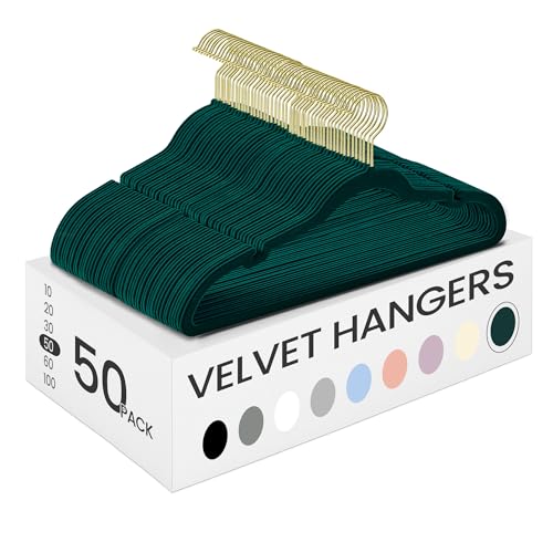 SONGMICS Velvet Hangers 50 Pack, Non-Slip Clothes Hangers, Suit Hangers with Shoulder Notches, Pants Bar, 360° Swivel Hook, Space-Saving, for Closet, Forest Green UCRF029C05 Forest Green 50