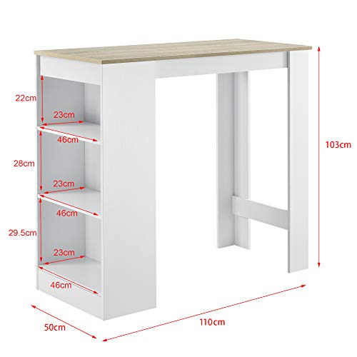[en.casa] Mesa Alta Cocina Kouvola Mesa de Bar Bistro Elegante con 3 Compartimentos Laterales Comedor Oficina en Casa Aglomerado 110 x 50 x 103 cm - Blanco y Efecto Roble - imagen 3