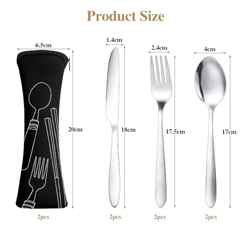 HonGien 2 Set Camping Cutlery with Portable Pouch Case Stainless Steel Camping Flatware Stainless Steel Cutlery Set 6-Piece Camping Set with Bag for Outdoor Travel Picnic Office School Lunch Box(Black - Image 2