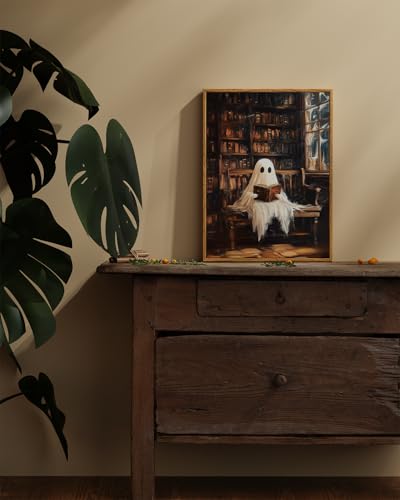 Image of ARPEOTCY Vintage Framed Canvas Wall Art, 12x16inch, Vintage Library Ghost Wall Decor, Dark Academia Art Prints Home Decorations, Moody Halloween Paintings for Living Room Bedroom Office Decor