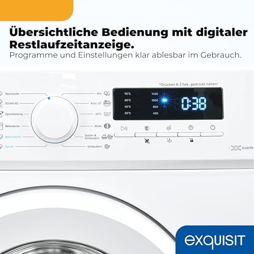 Exquisit Waschmaschine | 7 kg Nennkapazität, Energieeffizienzklasse A, 1400 U/Min, 76 dB(A) | kompakte Bauform, 12 Programme, Eco 40-60, Kurzprogramm, Startzeitverzögerung | WA57014-020A weiss