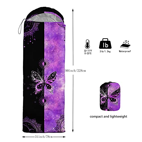 Bolsa de dormir para niños para camping, diseño mariposa negro y púrpura, ligera, cálida, portátil, impermeable y resistente al frío para exteriores e interiores miniatura 3