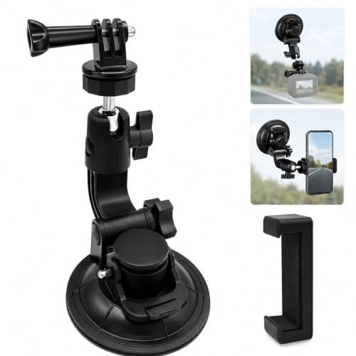 Image of Car Suction Cup Mount with 360 Adjustable Folding Arm | Action Camera Adapter & Smartphone Holder for Windshield, Dashboard, Glass and Smooth Surfaces