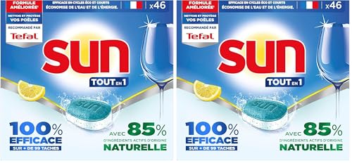 SUN - pastilles lave-vaisselle Tout en 1 Citron 46 tablettes - avec 85% d'ingrédients d'origine naturelle - 100% efficace sur + de 99 taches (Lot de 2)