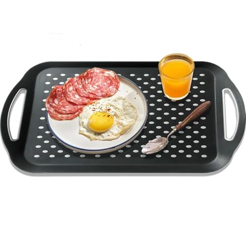 Hodvya 1PCS Large Non-Slip Serving Tray with Handles TV Lap Trays for Eating on Couch Food Serving Tray with Silicone Grippy Dots for Dinner Snack Fruit Dessert Breakfast (Black - 1pcs)