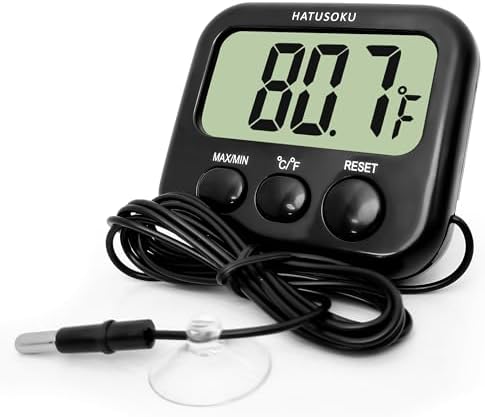 HATUSOKU Digital Thermometer with External Sensor, Magnet, Suction Cup, Water Thermometer, Aquarium, Refrigerator, Freezer (Black)
