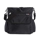 Contiene una bandolera extraíble y ajustable que permite llevar el bolso colgado en el hombro y un sistema de fijación universal mediante enganches extraibles con velcro que permiten adaptarse a cualquier carrito
